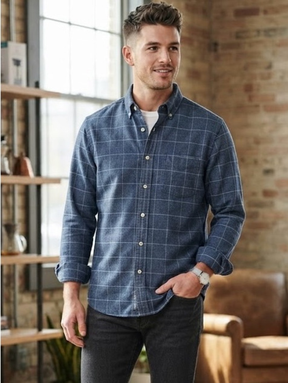 Hathaway Sport Blue Plaid Windowpane 100% Cotton Flannel Button-Down Shirt L